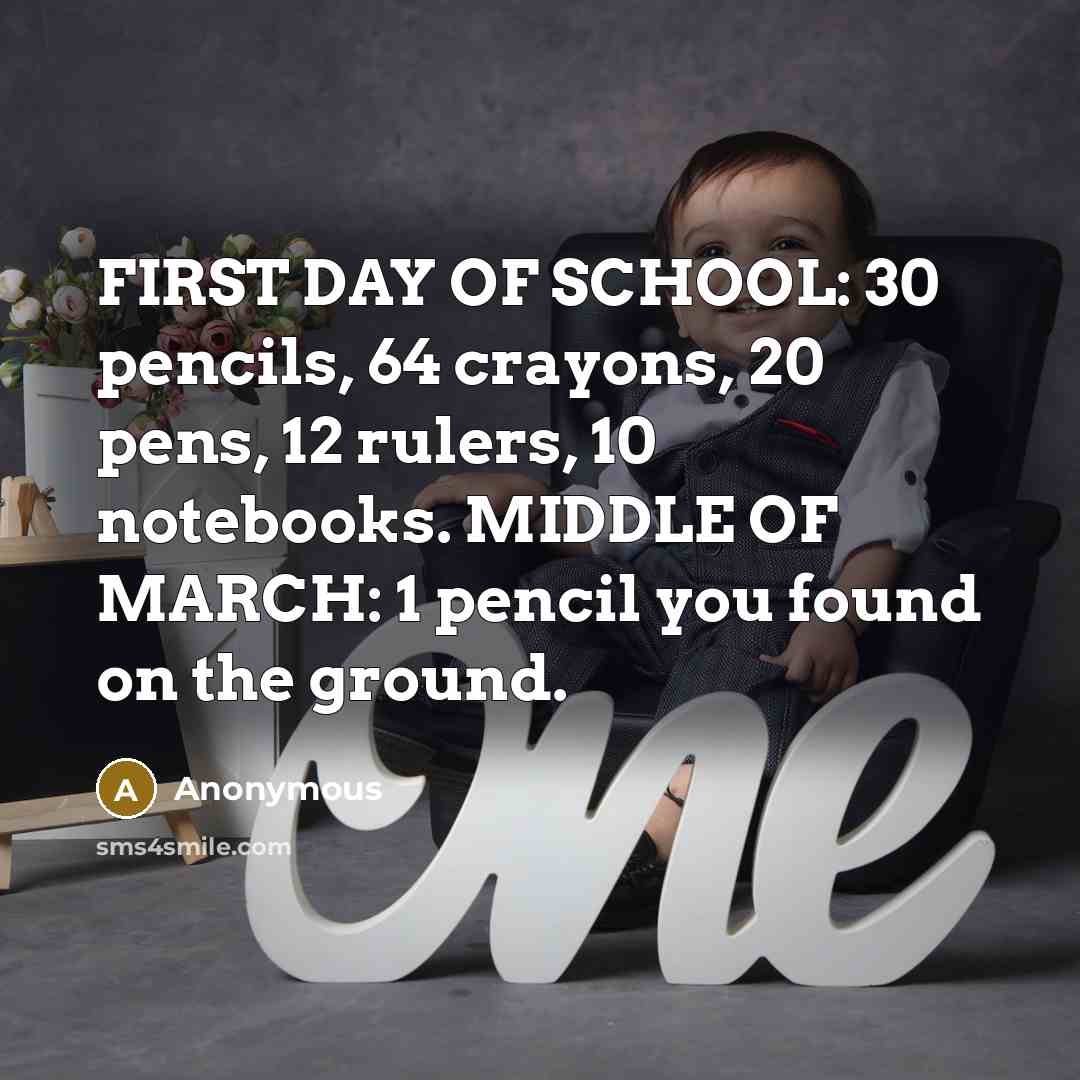 “FIRST DAY OF SCHOOL: 30 pencils, 64 crayons, 20 pens,…” quote by Anonymous