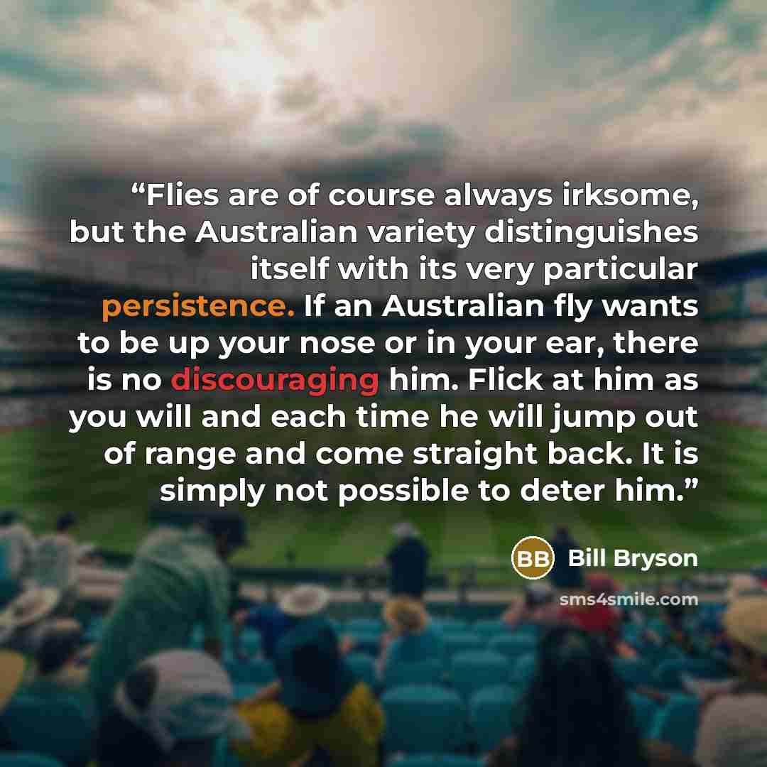 “Flies are of course always irksome, but the Australian variety distinguishes itself with its very particular persistence. If an Australian fly wants to be up your nose or in your ear, there is no discouraging him. Flick at him as you will and each time he will jump out of range and come straight…” quote by Bill Bryson
