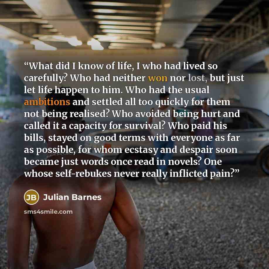 “What did I know of life, I who had lived so carefully? Who had neither won nor lost, but just let life happen to him. Who had the usual ambitions and settled all too quickly for them not being realised? Who avoided being hurt and called it a capacity for survival? Who paid his bills, stayed on…” quote by Julian Barnes