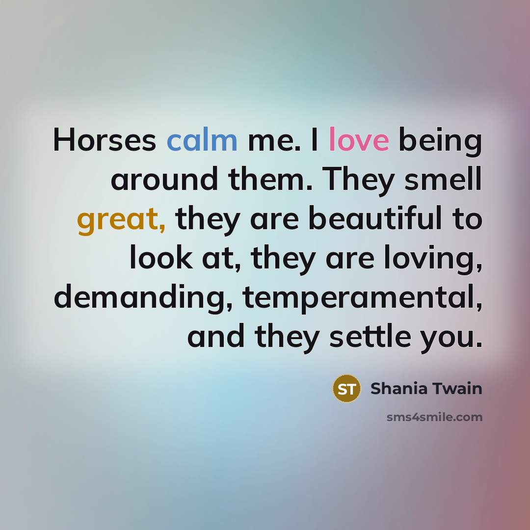 “Horses calm me. I love being around them. They smell…” quote by Shania Twain