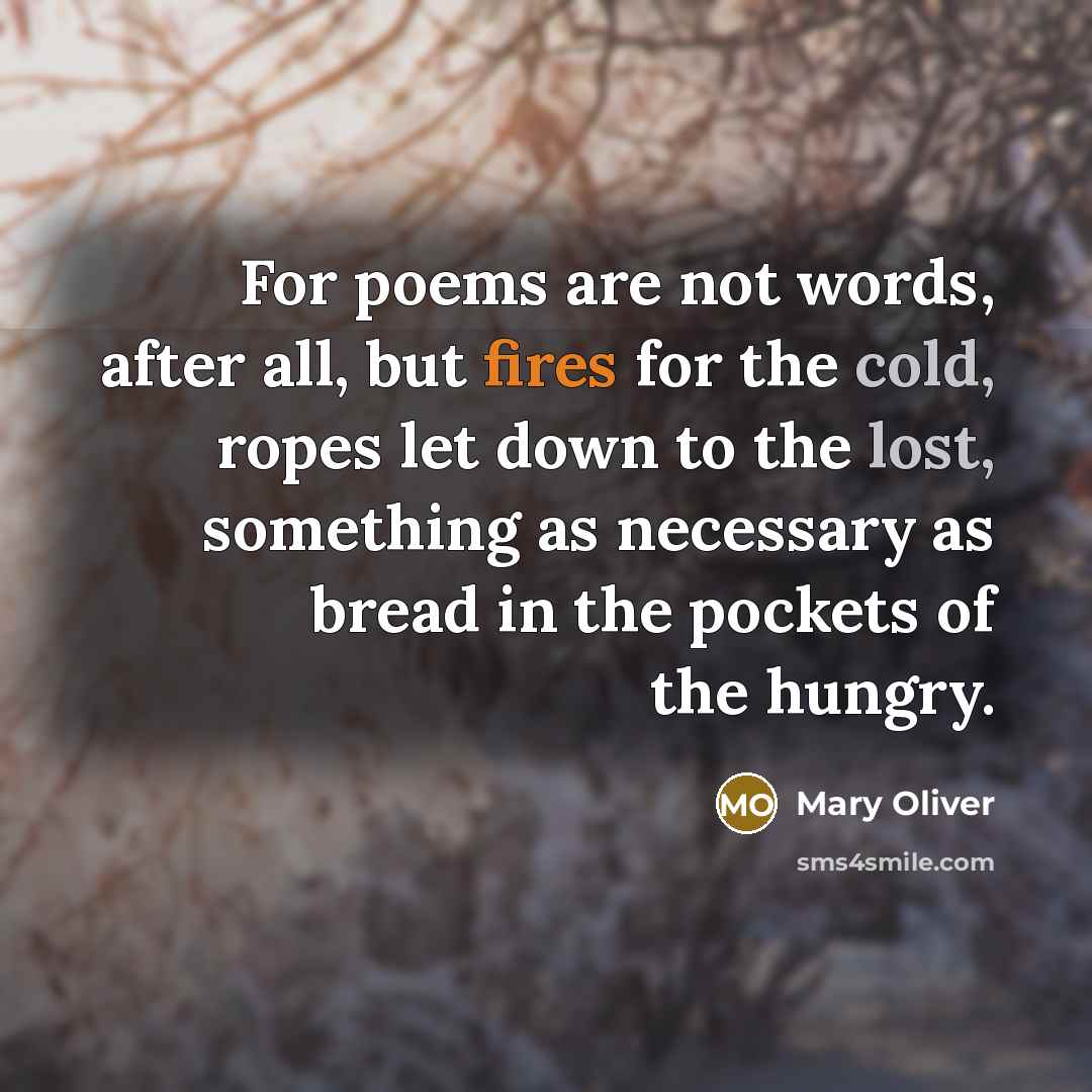 “For poems are not words, after all, but fires for…” quote by Mary Oliver