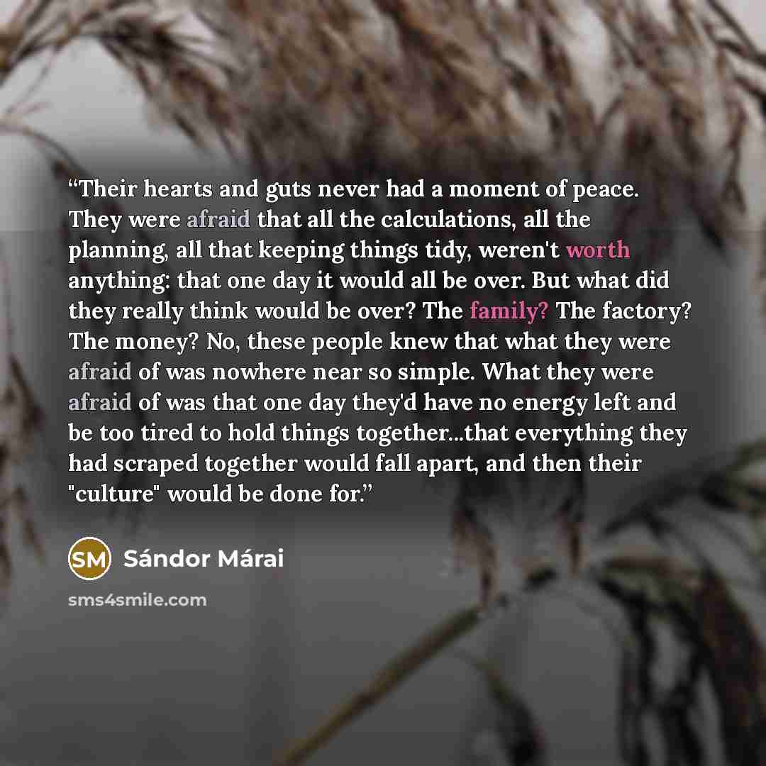 “Their hearts and guts never had a moment of peace. They were afraid that all the calculations, all the planning, all that keeping things tidy, weren't worth anything: that one day it would all be over. But what did they really think would be over? The family? The factory? The money? No, these…” quote by Sándor Márai