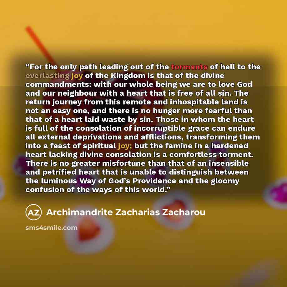 “For the only path leading out of the torments of hell to the everlasting joy of the Kingdom is that of the divine commandments: with our whole being we are to love God and our neighbour with a heart that is free of all sin. The return journey from this remote and inhospitable land is not an easy…” quote by Archimandrite Zacharias Zacharou