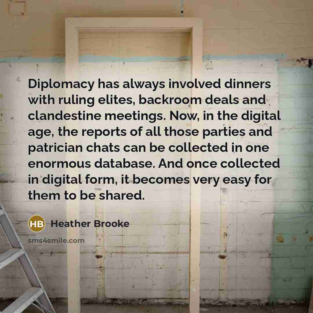 “Diplomacy has always involved dinners with ruling elites, backroom deals…” quote by Heather Brooke