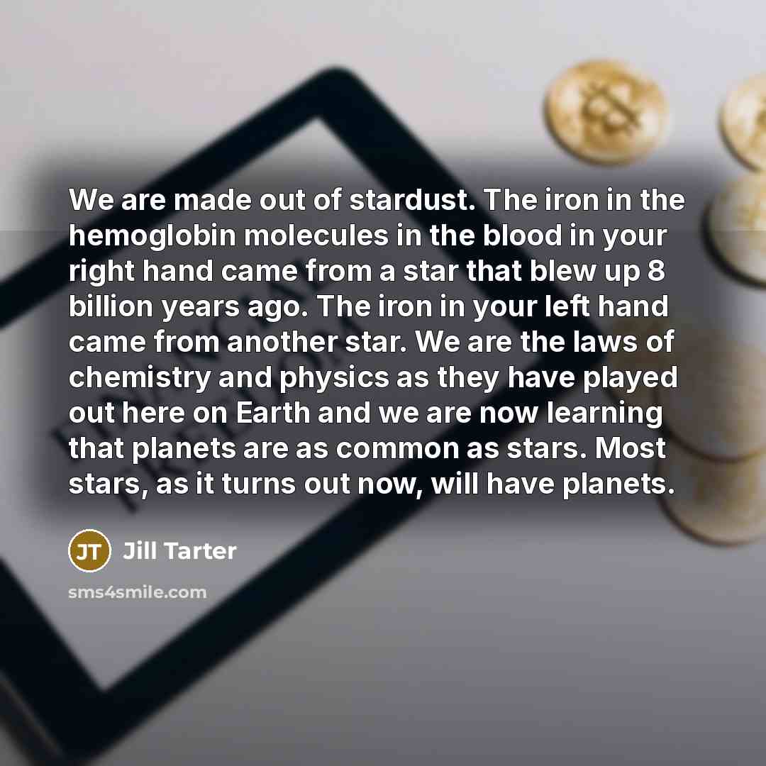 “We are made out of stardust. The iron in the…” quote by Jill Tarter