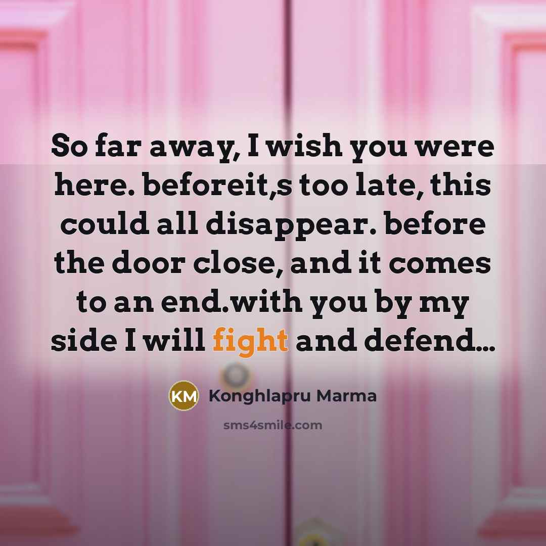 “So far away, I wish you were here. beforeit,s too late, this could all disappear. before the door close, and it comes to an end.with you by my side I will fight and defend…” quote by Konghlapru Marma