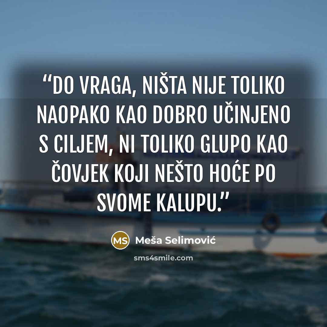 “Do vraga, ništa nije toliko naopako kao dobro učinjeno s ciljem, ni toliko glupo kao čovjek koji nešto hoće po svome kalupu.” quote by Meša Selimović