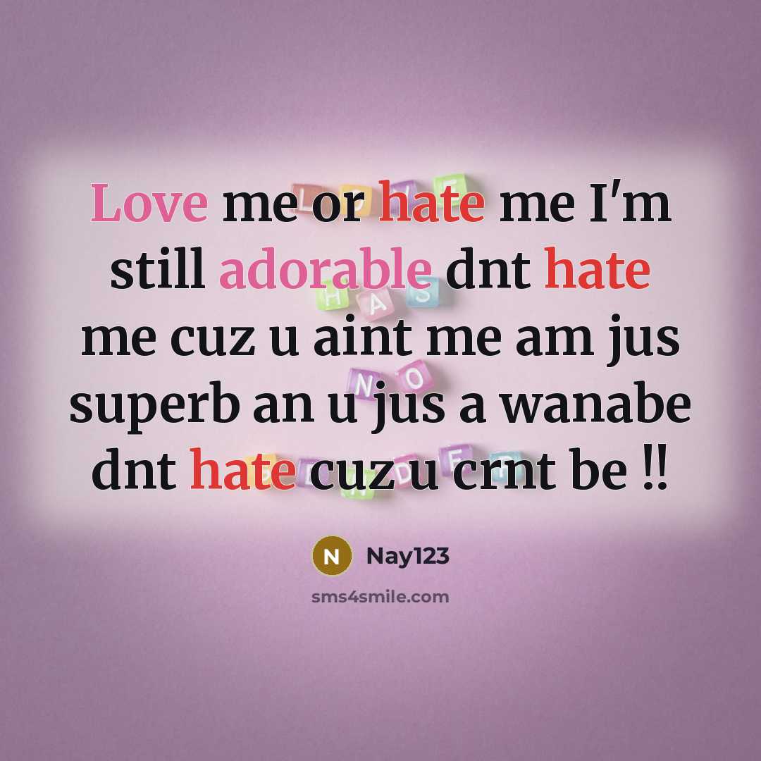 “Love me or hate me I'm still adorable dnt hate me cuz u aint me am jus superb an u jus a wanabe dnt hate cuz u crnt be !!” quote by Nay123