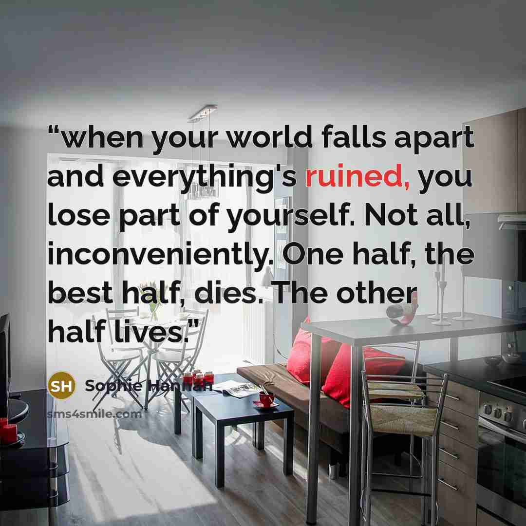 “when your world falls apart and everything's ruined, you lose part of yourself. Not all, inconveniently. One half, the best half, dies. The other half lives.” quote by Sophie Hannah