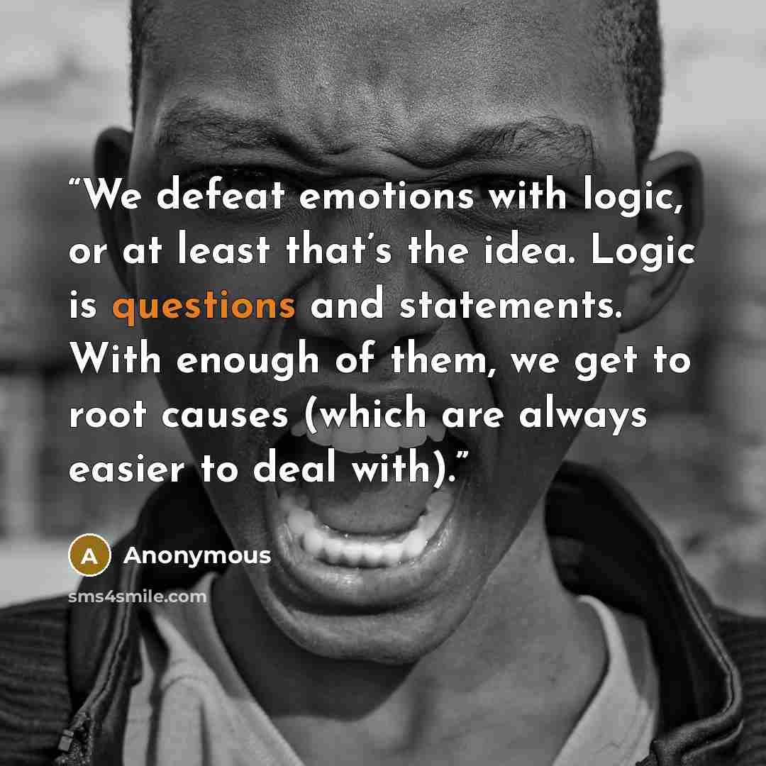 “We defeat emotions with logic, or at least that’s the idea. Logic is questions and statements. With enough of them, we get to root causes (which are always easier to deal with).” quote by Anonymous