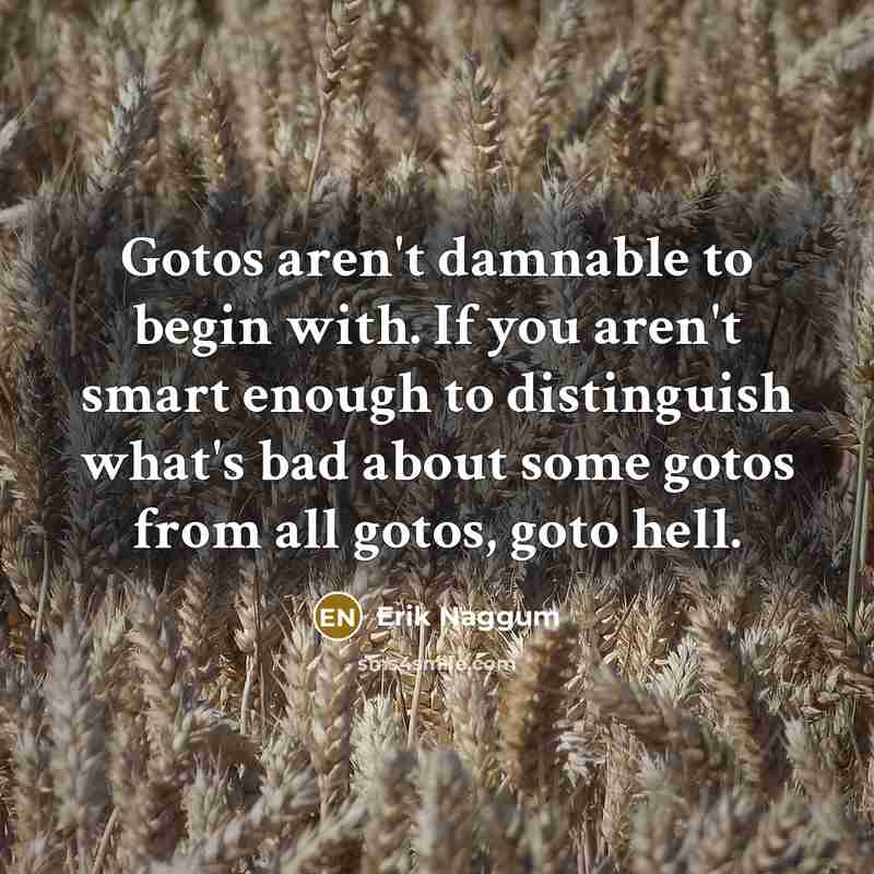 “Gotos aren't damnable to begin with. If you aren't smart…” quote by Erik Naggum