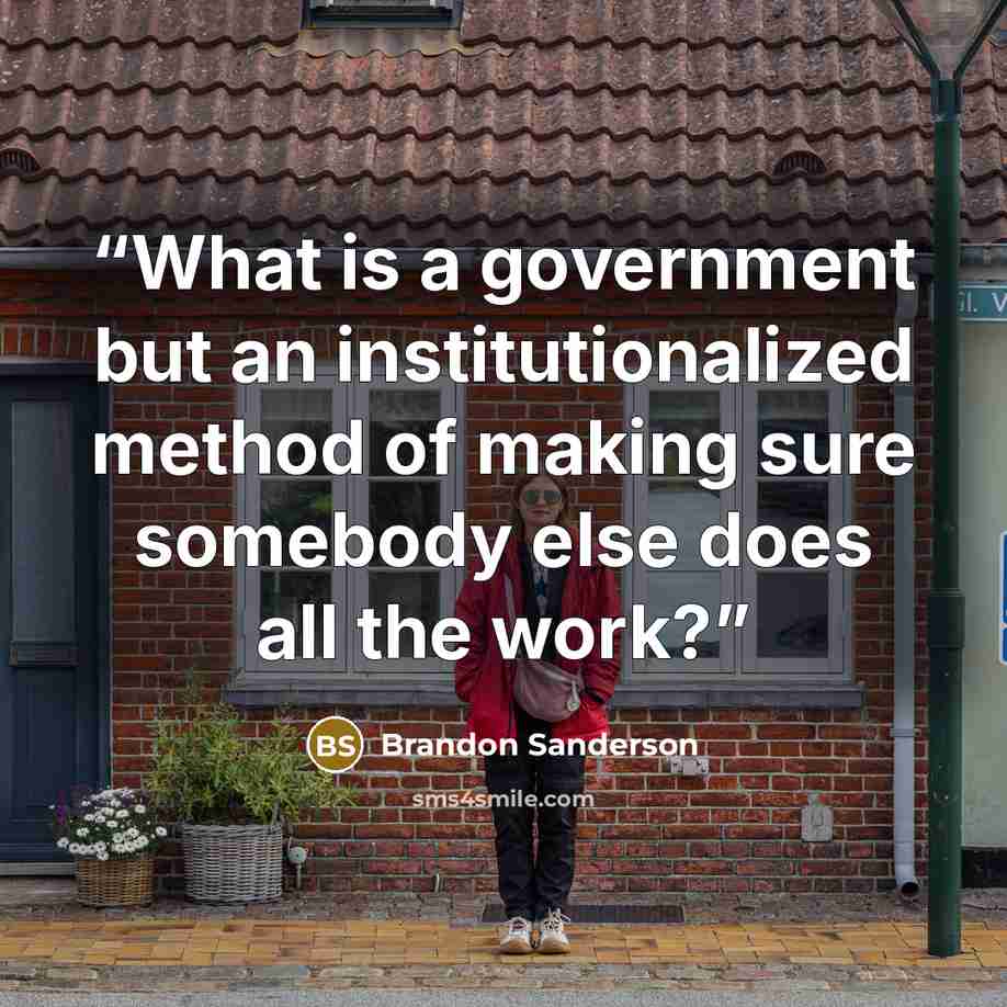 “What is a government but an institutionalized method of making sure somebody else does all the work?” quote by Brandon Sanderson