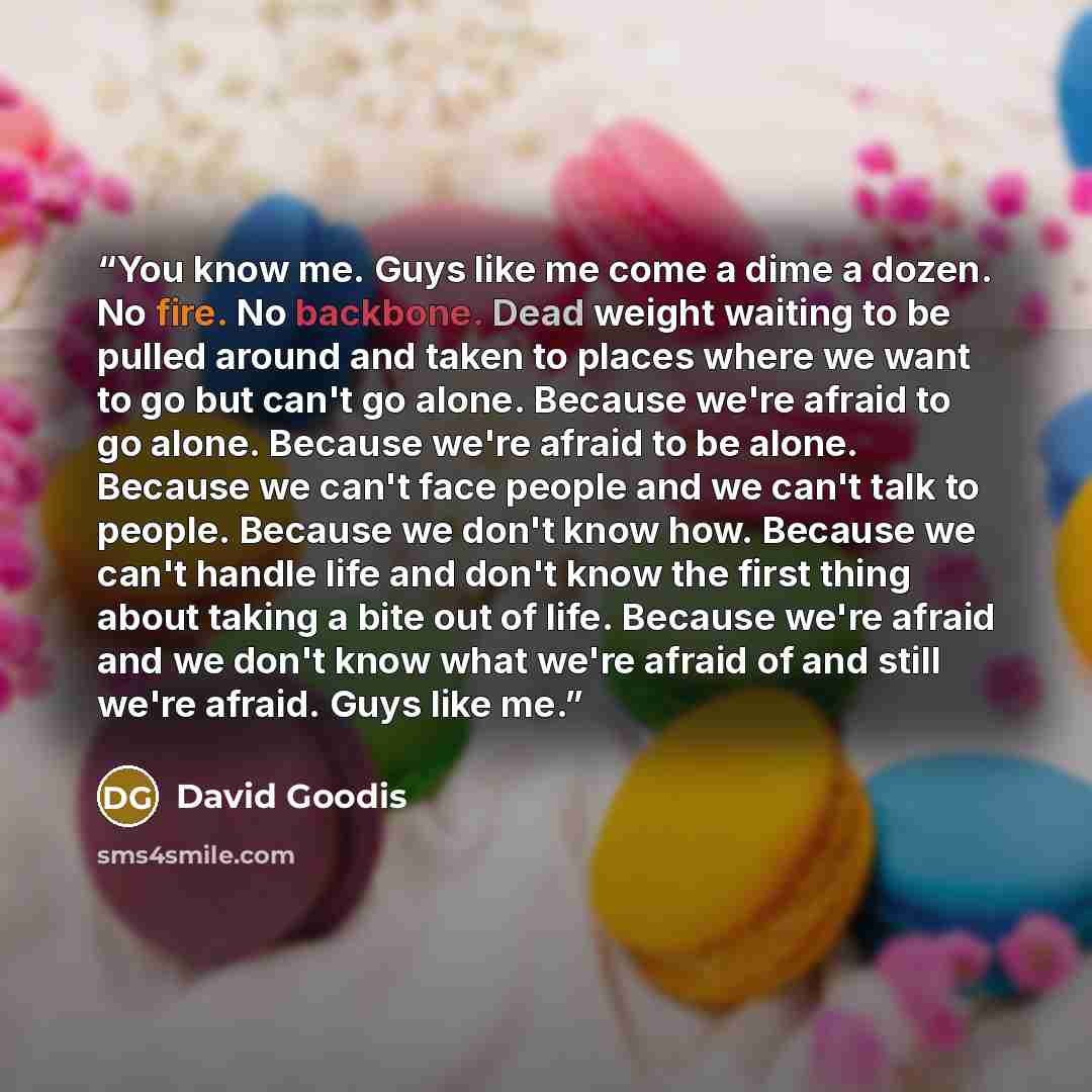 “You know me. Guys like me come a dime a dozen. No fire. No backbone. Dead weight waiting to be pulled around and taken to places where we want to go but can't go alone. Because we're afraid to go alone. Because we're afraid to be alone. Because we can't face people and we can't talk to people…” quote by David Goodis