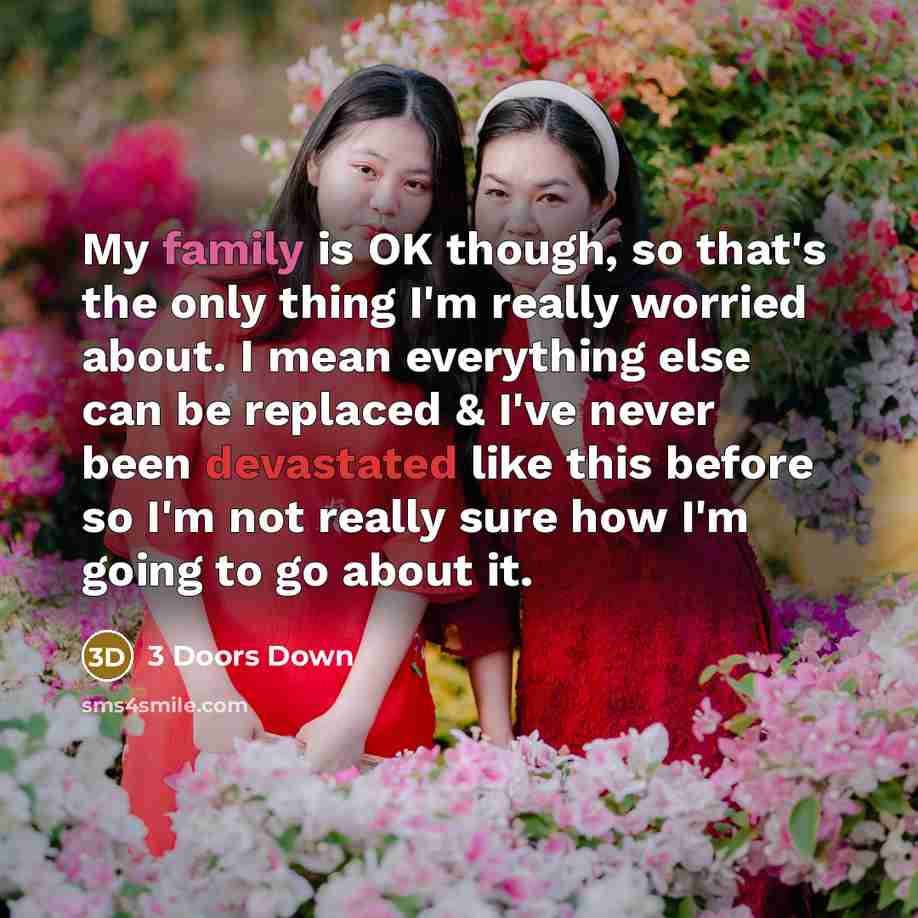 “My family is OK though, so that's the only thing I'm really worried about. I mean everything else can be replaced & I've never been devastated like this before so I'm not really sure how I'm going to go about it.” quote by 3 Doors Down