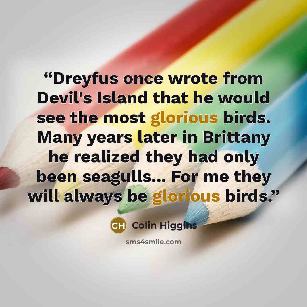 “Dreyfus once wrote from Devil's Island that he would see the most glorious birds. Many years later in Brittany he realized they had only been seagulls... For me they will always be glorious birds.” quote by Colin Higgins
