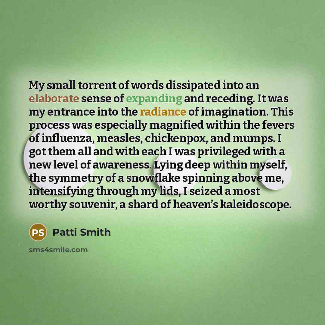 “My small torrent of words dissipated into an elaborate sense…” quote by Patti Smith