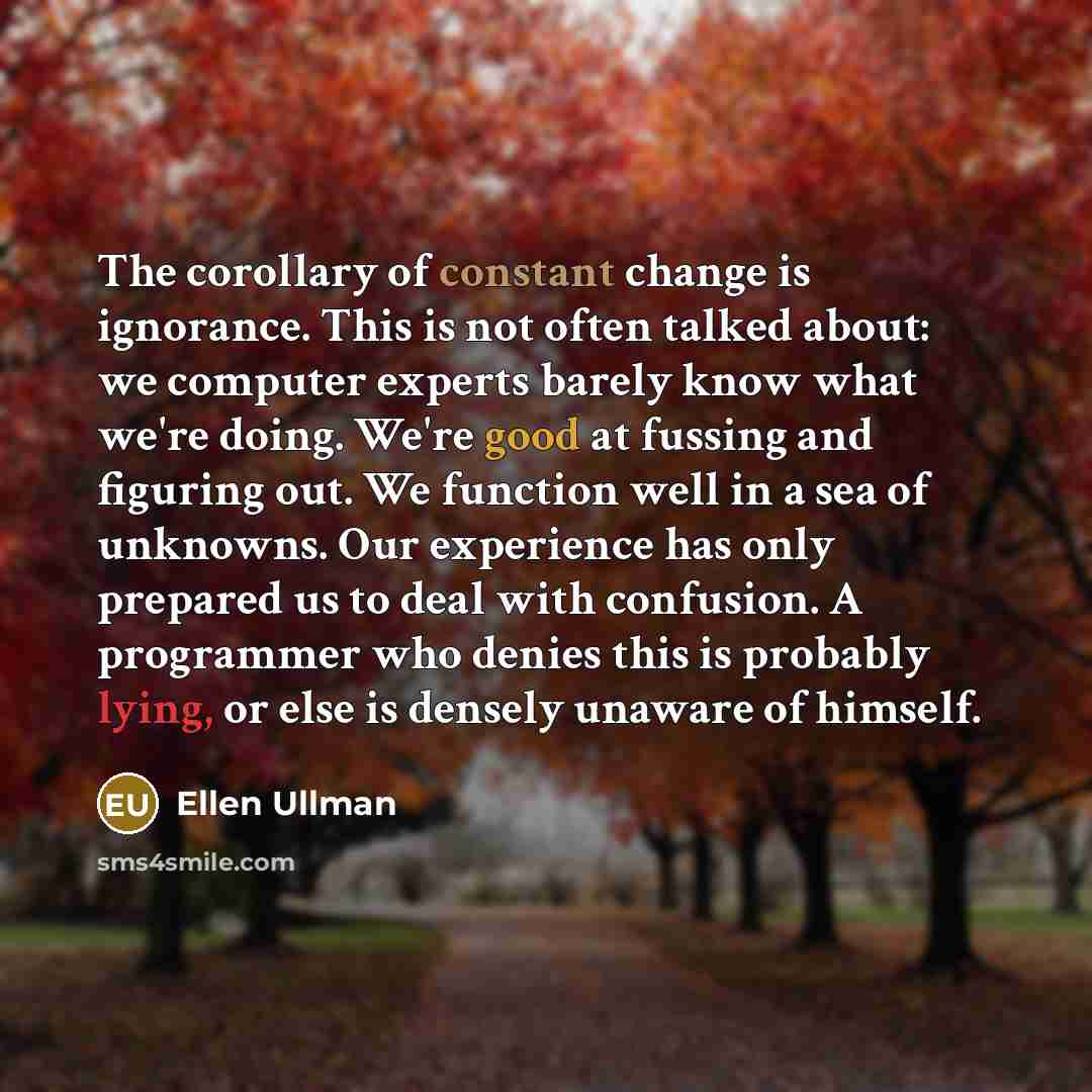 “The corollary of constant change is ignorance. This is not…” quote by Ellen Ullman