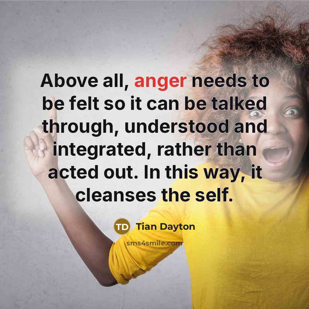 “Above all, anger needs to be felt so it can…” quote by Tian Dayton