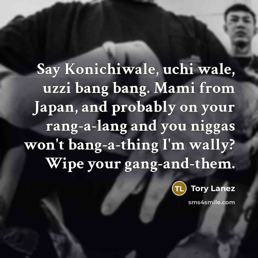 “Say Konichiwale, uchi wale, uzzi bang bang. Mami from Japan, and probably on your rang-a-lang and you niggas won't bang-a-thing I'm wally? Wipe your gang-and-them.” quote by Tory Lanez