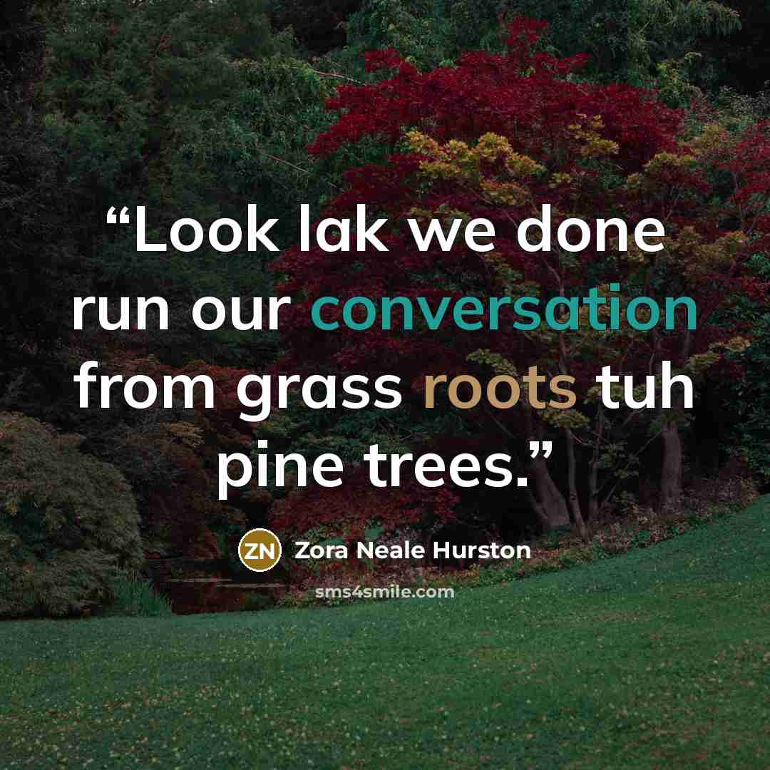 “Look lak we done run our conversation from grass roots tuh pine trees.” quote by Zora Neale Hurston