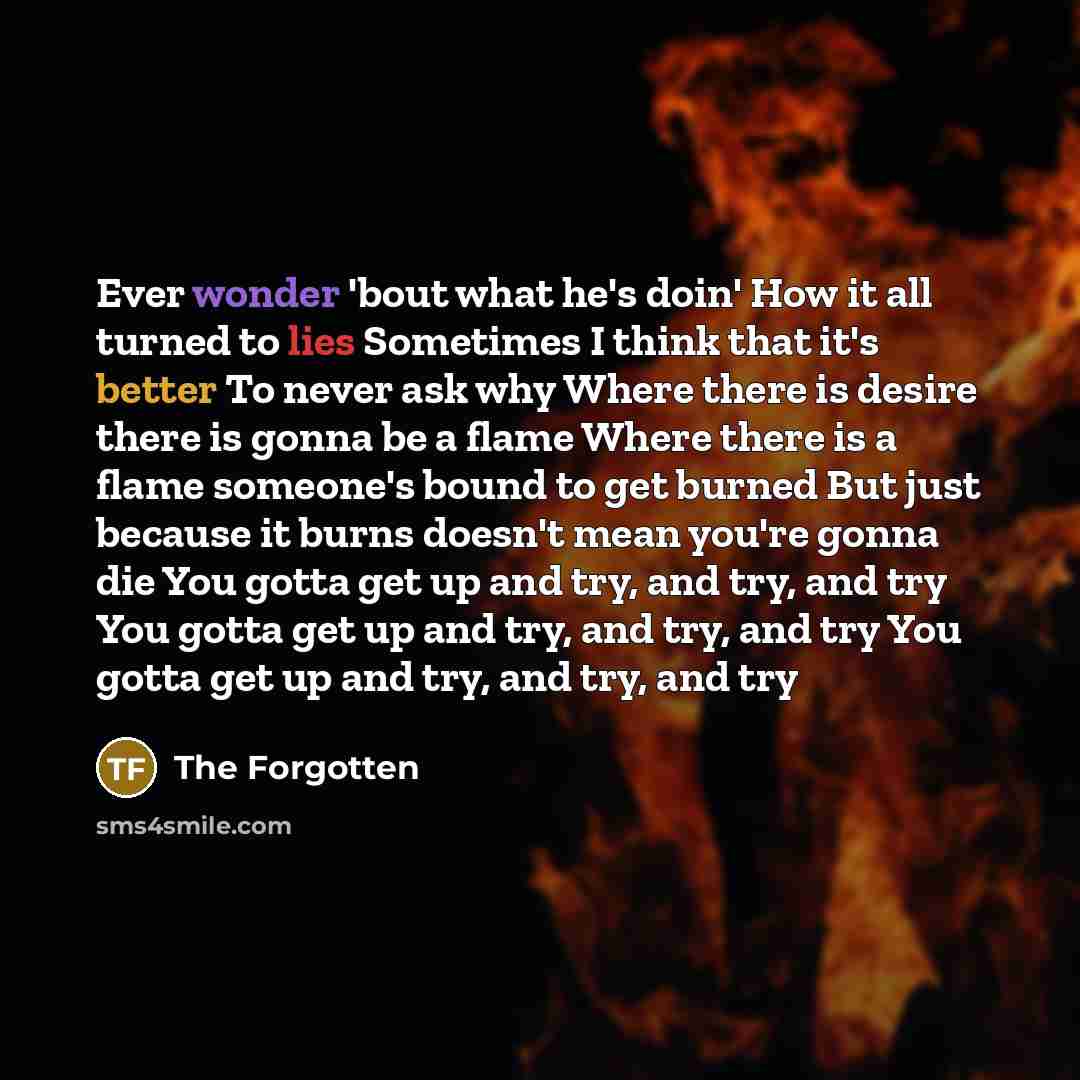“Ever wonder 'bout what he's doin' How it all turned to lies Sometimes I think that it's better To never ask why Where there is desire there is gonna be a flame Where there is a flame someone's bound to get burned But just because it burns doesn't mean you're gonna die You gotta get up and try, and…” quote by The Forgotten