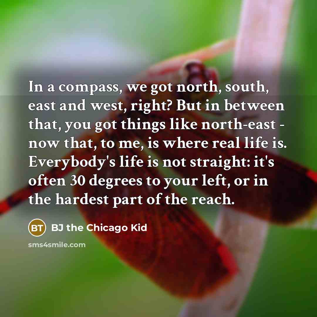 “In a compass, we got north, south, east and west, right? But in between that, you got things like north-east - now that, to me, is where real life is. Everybody's life is not straight: it's often 30 degrees to your left, or in the hardest part of the reach.” quote by BJ the Chicago Kid
