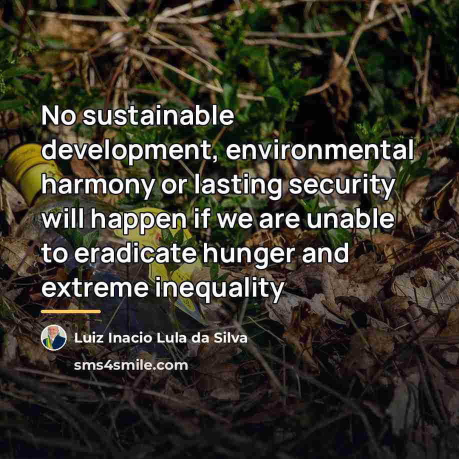 “No sustainable development, environmental harmony or lasting security will happen…” quote by Luiz Inacio Lula da Silva