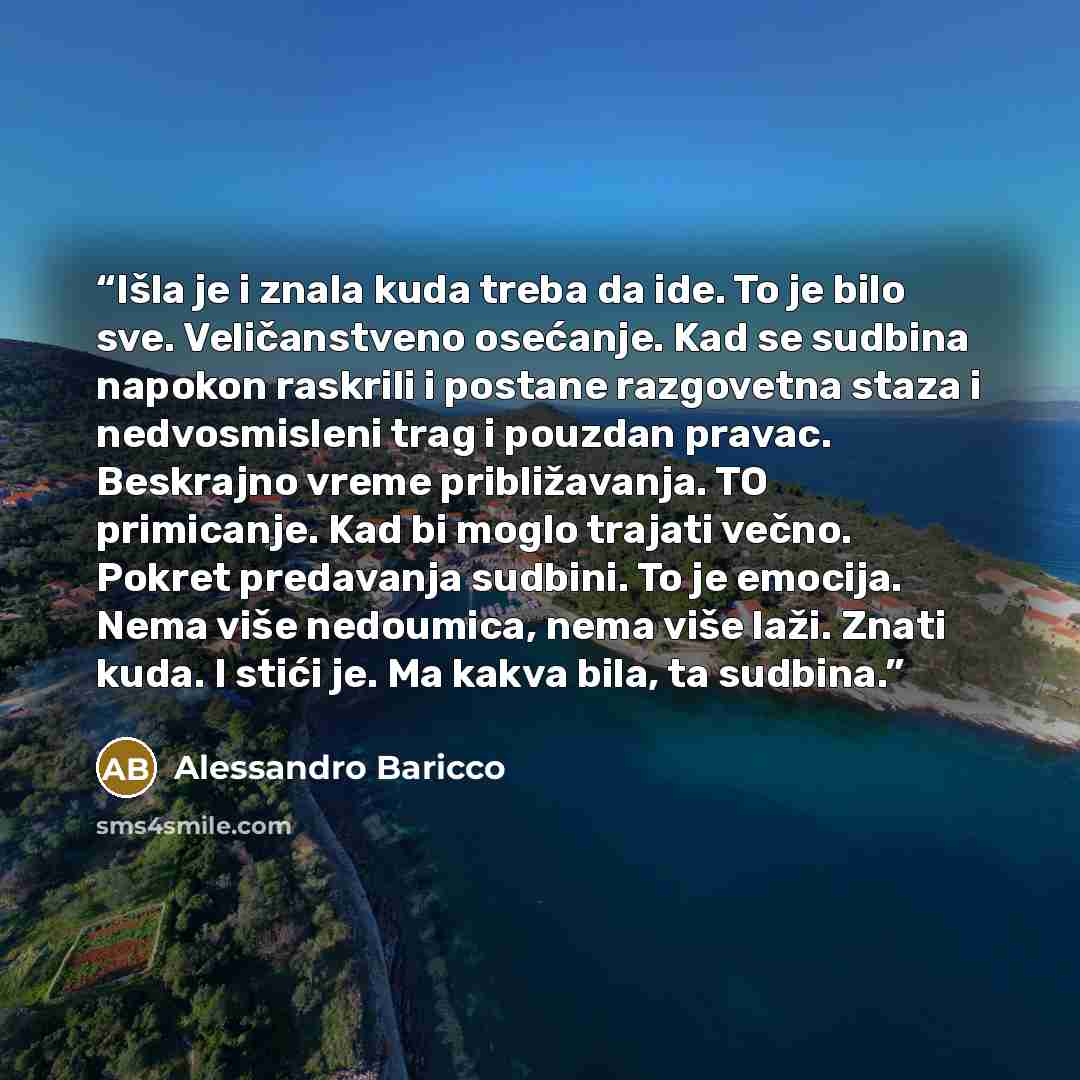 “Išla je i znala kuda treba da ide. To je bilo sve. Veličanstveno osećanje. Kad se sudbina napokon raskrili i postane razgovetna staza i nedvosmisleni trag i pouzdan pravac. Beskrajno vreme približavanja. TO primicanje. Kad bi moglo trajati večno. Pokret predavanja sudbini. To je emocija. Nema više…” quote by Alessandro Baricco