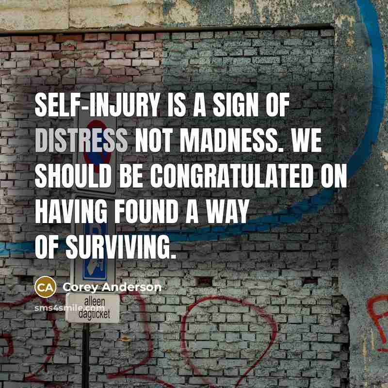 “Self-injury is a sign of distress not madness. We should be congratulated on having found a way of surviving.” quote by Corey Anderson