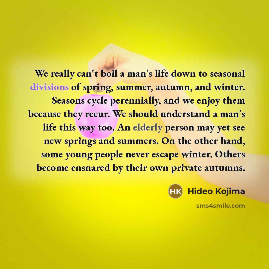 “We really can't boil a man's life down to seasonal…” quote by Hideo Kojima