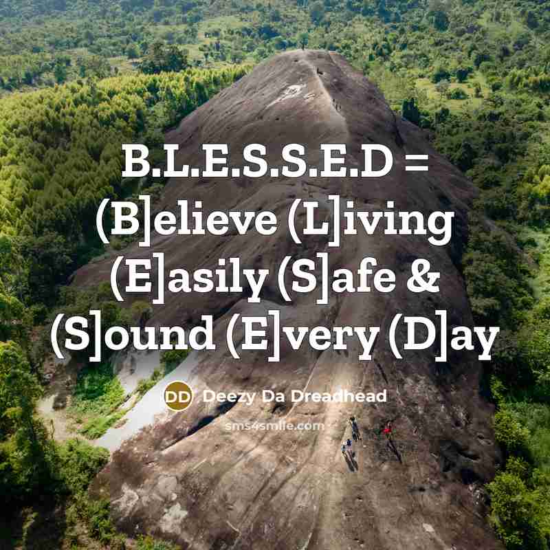 “B.L.E.S.S.E.D = (B]elieve (L]iving (E]asily (S]afe & (S]ound (E]very (D]ay” quote by Deezy Da Dreadhead