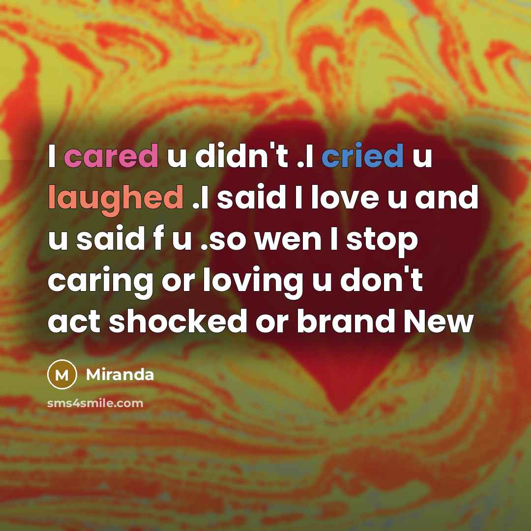 “I cared u didn't .I cried u laughed .I said I love u and u said f u .so wen I stop caring or loving u don't act shocked or brand New” quote by Miranda