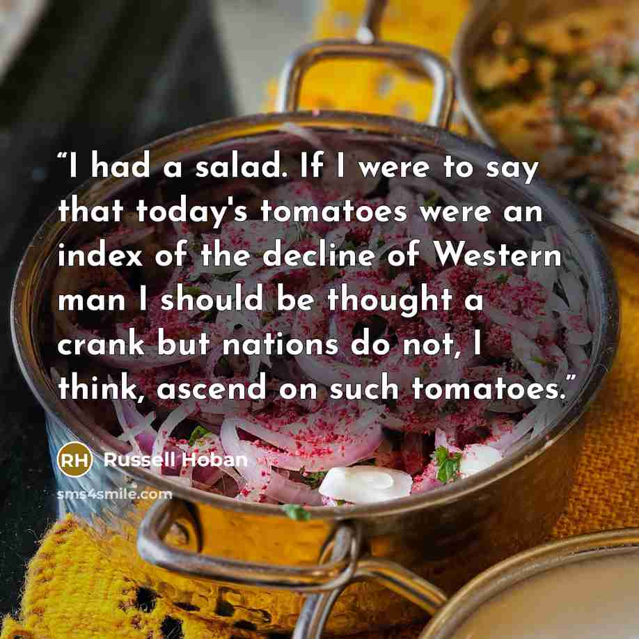 “I had a salad. If I were to say that today's tomatoes were an index of the decline of Western man I should be thought a crank but nations do not, I think, ascend on such tomatoes.” quote by Russell Hoban
