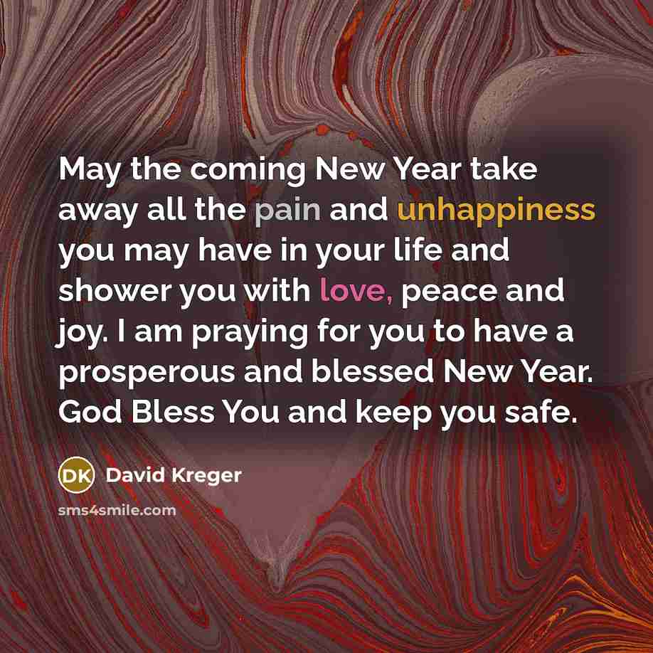 “May the coming New Year take away all the pain and unhappiness you may have in your life and shower you with love, peace and joy. I am praying for you to have a prosperous and blessed New Year. God Bless You and keep you safe.” quote by David Kreger
