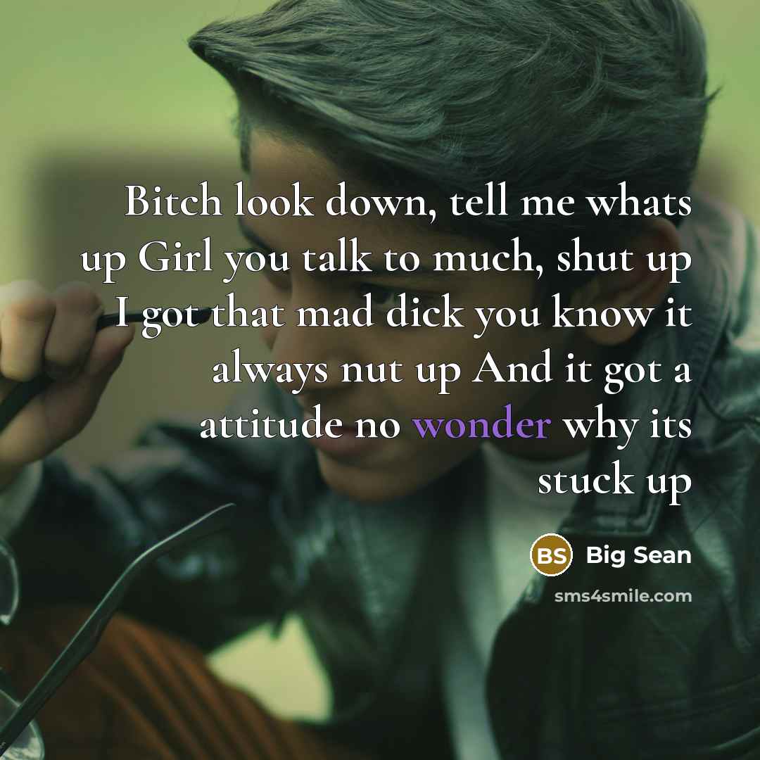 “Bitch look down, tell me whats up Girl you talk to much, shut up I got that mad dick you know it always nut up And it got a attitude no wonder why its stuck up” quote by Big Sean