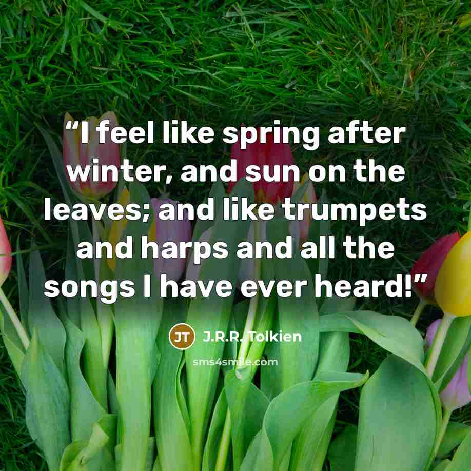 “I feel like spring after winter, and sun on the leaves; and like trumpets and harps and all the songs I have ever heard!” quote by J.R.R. Tolkien