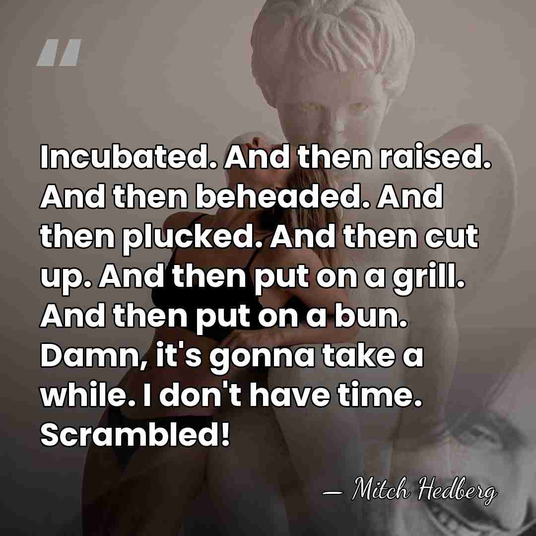 Incubated. And then raised. And then beheaded. And then plucked. And then&hellip; - Mitch Hedberg