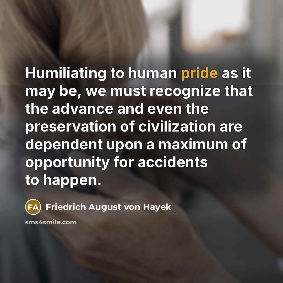 “Humiliating to human pride as it may be, we must…” quote by Friedrich August von Hayek