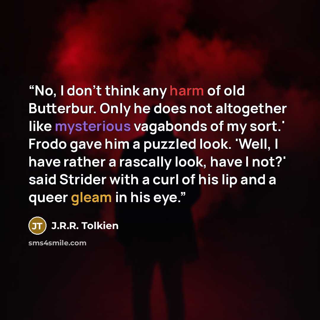 “No, I don't think any harm of old Butterbur. Only he does not altogether like mysterious vagabonds of my sort.' Frodo gave him a puzzled look. 'Well, I have rather a rascally look, have I not?' said Strider with a curl of his lip and a queer gleam in his eye.” quote by J.R.R. Tolkien