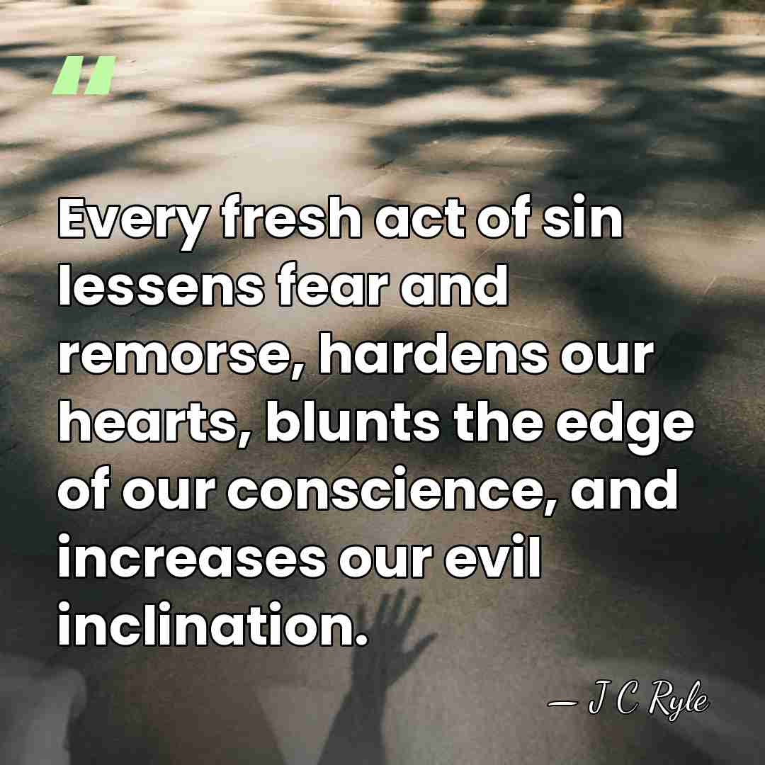 Every fresh act of sin lessens fear and remorse, hardens our hearts,&hellip; - J C Ryle
