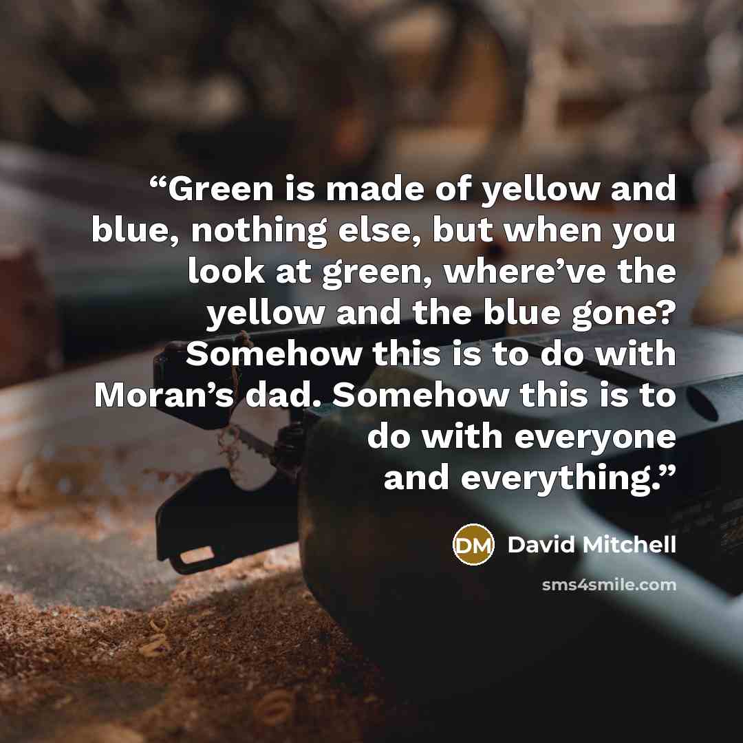 “Green is made of yellow and blue, nothing else, but when you look at green, where’ve the yellow and the blue gone? Somehow this is to do with Moran’s dad. Somehow this is to do with everyone and everything.” quote by David Mitchell