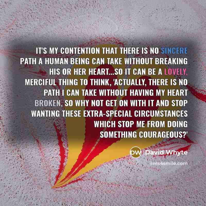 “It's my contention that there is no sincere path a human being can take without breaking his or her heart...so it can be a lovely, merciful thing to think, 'Actually, there is no path I can take without having my heart broken, so why not get on with it and stop wanting these extra-special…” quote by David Whyte