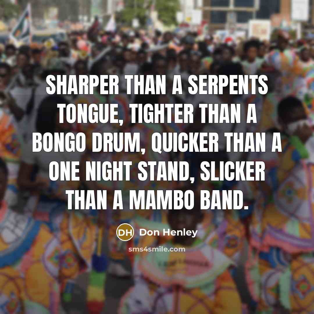 “Sharper than a serpents tongue, tighter than a bongo drum,…” quote by Don Henley