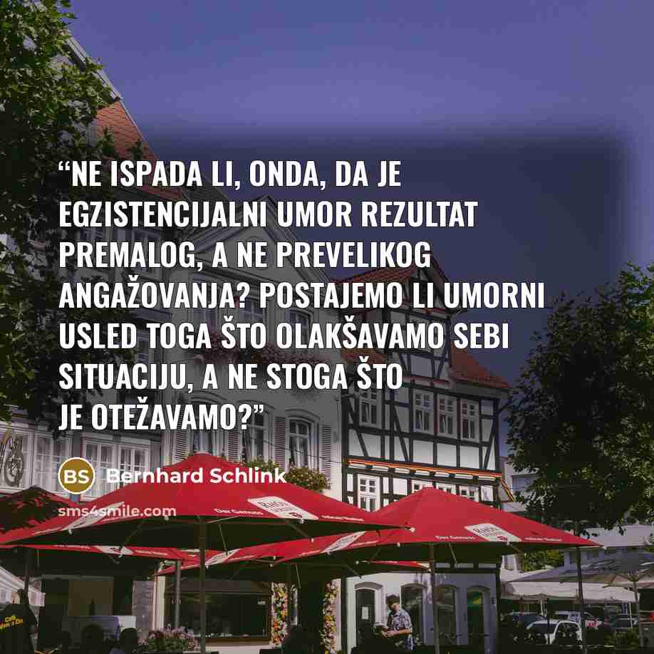 “Ne ispada li, onda, da je egzistencijalni umor rezultat premalog, a ne prevelikog angažovanja? Postajemo li umorni usled toga što olakšavamo sebi situaciju, a ne stoga što je otežavamo?” quote by Bernhard Schlink