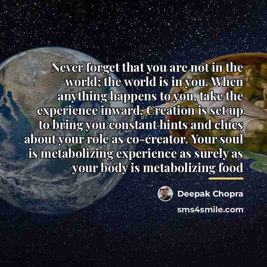 “Never forget that you are not in the world; the…” quote by Deepak Chopra