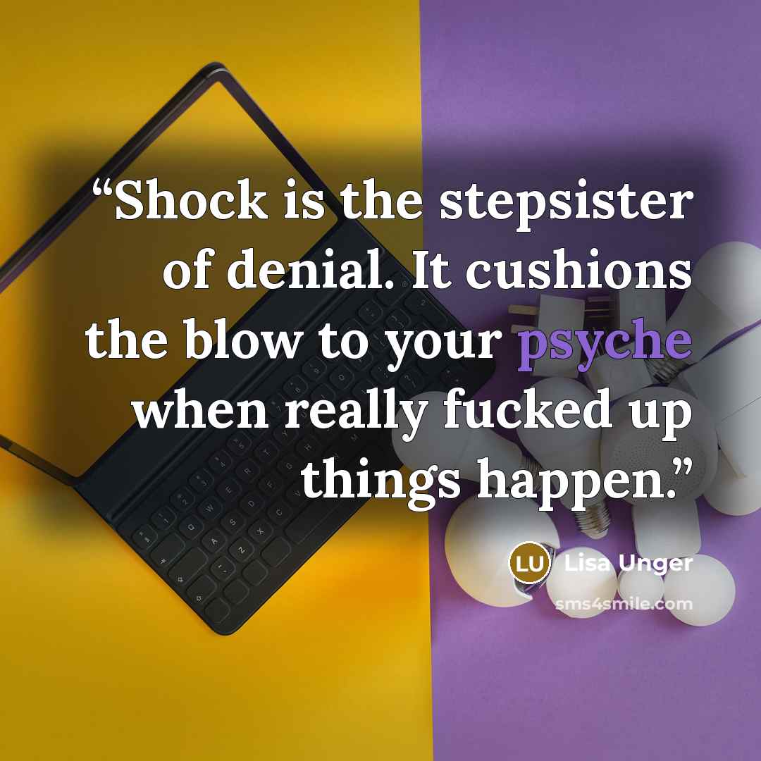 “Shock is the stepsister of denial. It cushions the blow to your psyche when really fucked up things happen.” quote by Lisa Unger