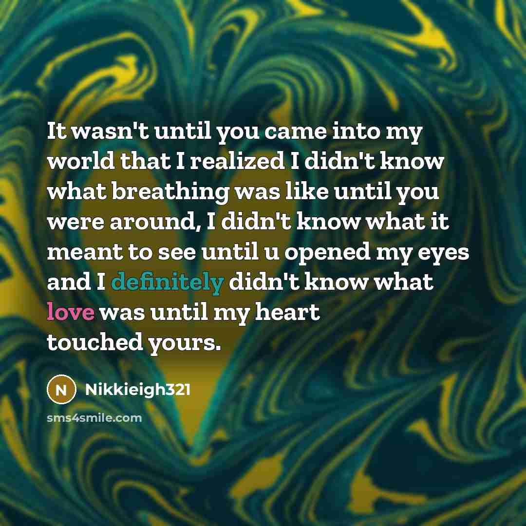 “It wasn't until you came into my world that I realized I didn't know what breathing was like until you were around, I didn't know what it meant to see until u opened my eyes and I definitely didn't know what love was until my heart touched yours.” quote by Nikkieigh321