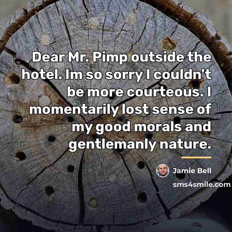 “Dear Mr. Pimp outside the hotel. Im so sorry I…” quote by Jamie Bell