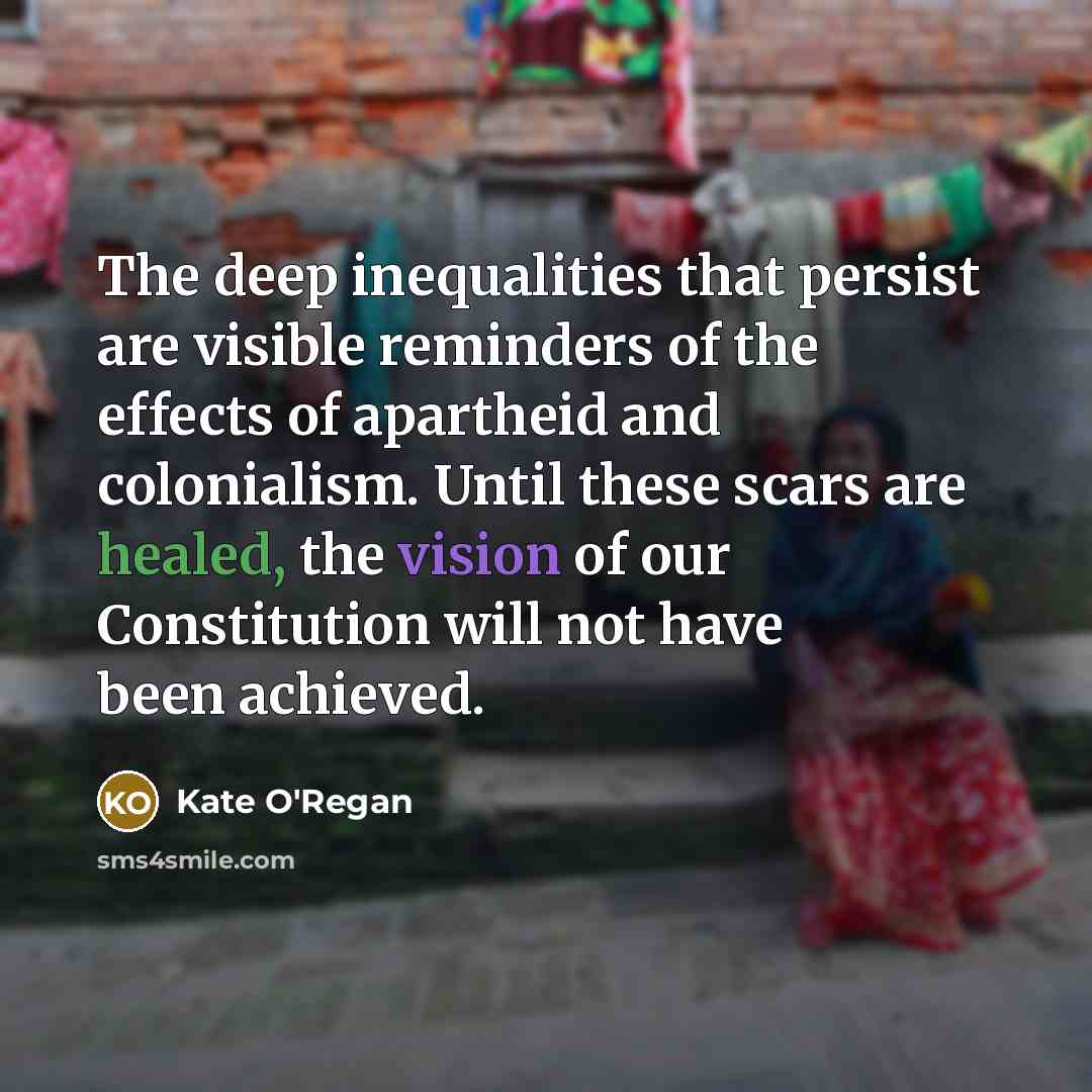 “The deep inequalities that persist are visible reminders of the effects of apartheid and colonialism. Until these scars are healed, the vision of our Constitution will not have been achieved.” quote by Kate O'Regan