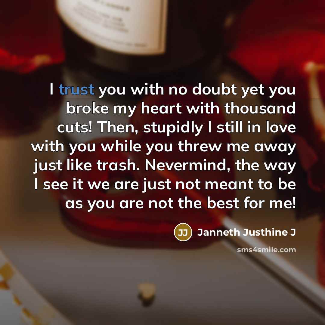 “I trust you with no doubt yet you broke my heart with thousand cuts! Then, stupidly I still in love with you while you threw me away just like trash. Nevermind, the way I see it we are just not meant to be as you are not the best for me!” quote by Janneth Justhine J